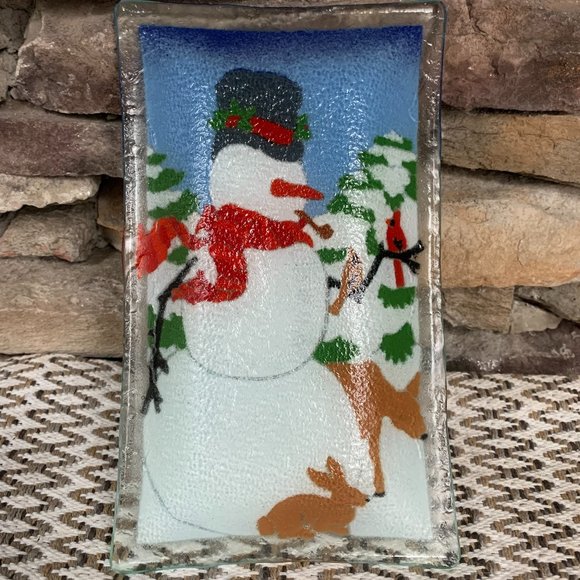 Fused Glass Peggy Karr Snowman Plate Art Platter Dish Winter Christmas Serving - Picture 9 of 9